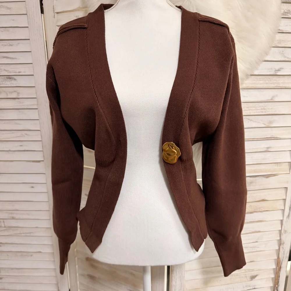 Women's Brown V-Neck Single-Button Knit Cardigan - Picture 6 of 10